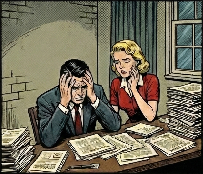 家に届いた大量のカタログに困惑する女性のコミックイラスト