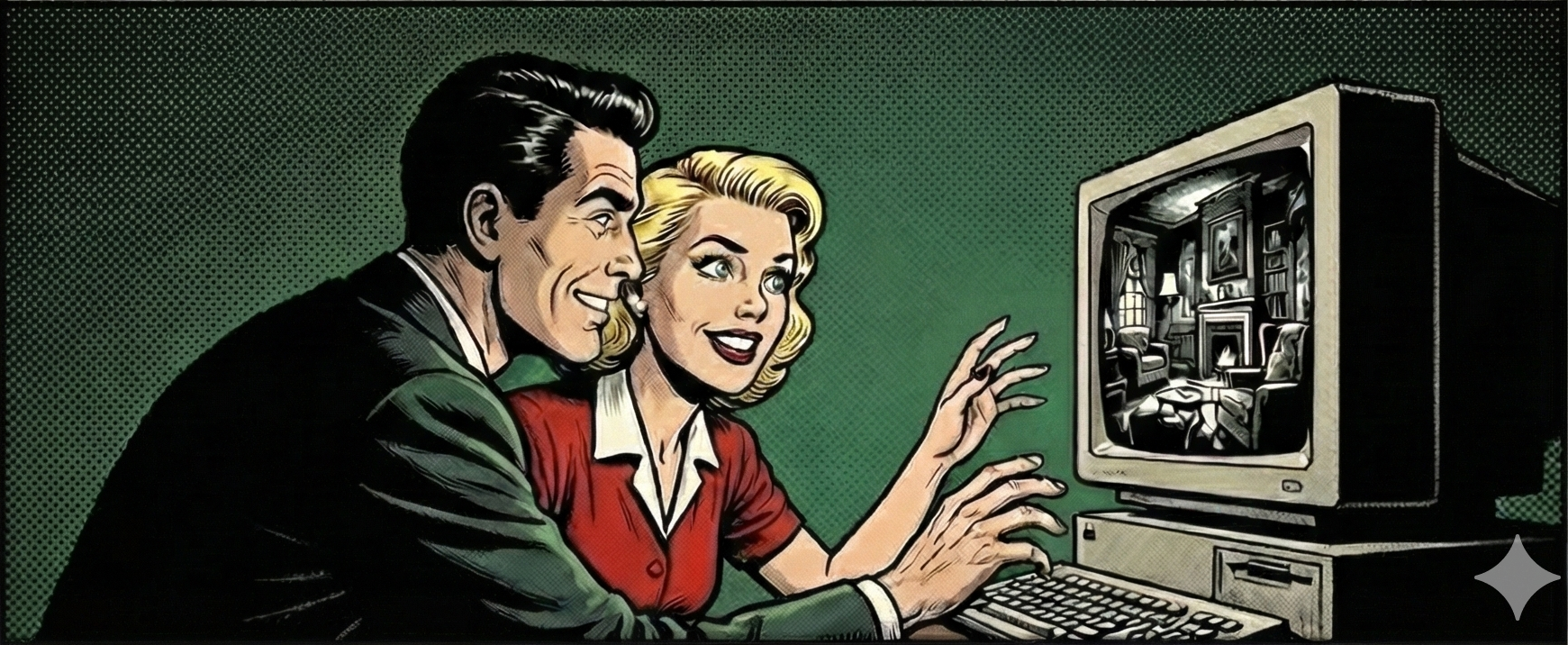 パソコンでLABOCITYを発見し驚く女性のコミックイラスト