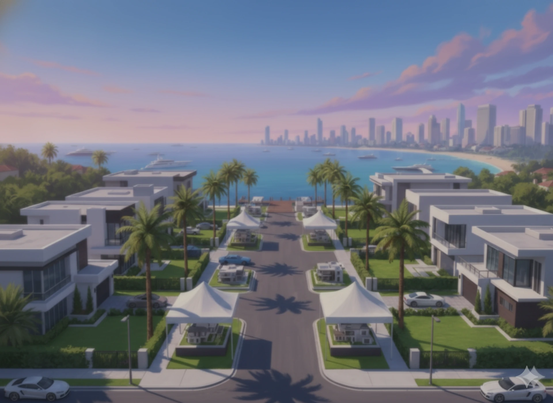 リゾート風の街並みにあるバーチャル住宅展示場の背景画像